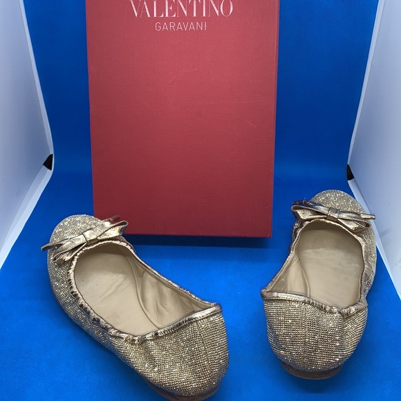 AUTHENTIC VALENTINO GARAVANI ROCKSTUD BALLERINAS micro studs bow shoes 38 gold - Picture 4 of 17